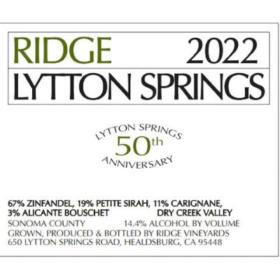 Ridge 2022 Lytton Springs - 50th Anniversary, Dry Creek Valley Red, Sonoma County